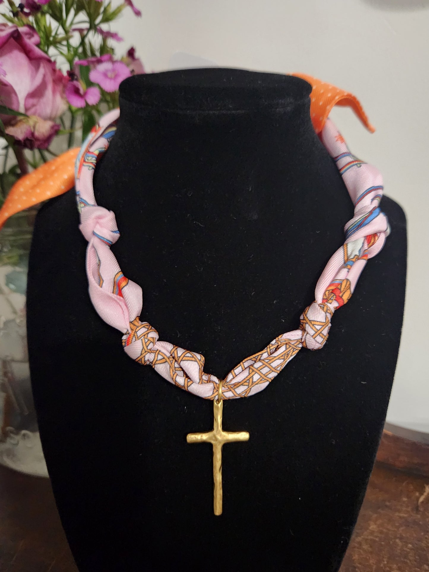 Scarf Necklace with Organic Gold Cross