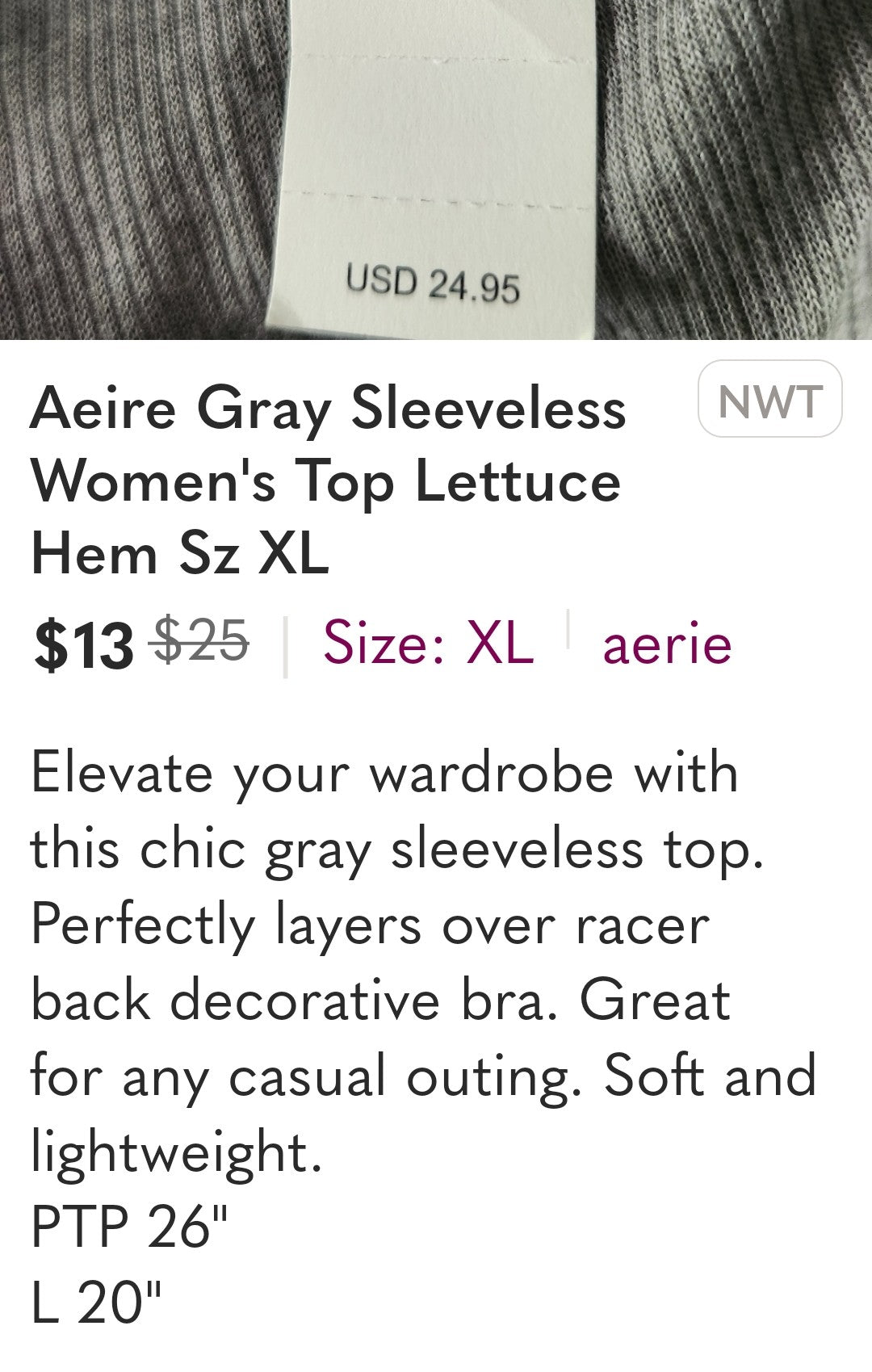 RT- Aerie Sleeveless Tank Top with Lettuce Hem