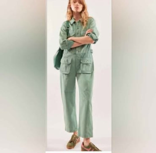 P-Free People Sandwashed  Green Denim Jumpsuit Sz M